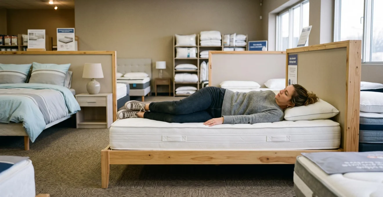 Une femme est allongée sur le côté sur un matelas d'exposition pour vérifier l'alignement de sa colonne vertébrale lors d'un essai.