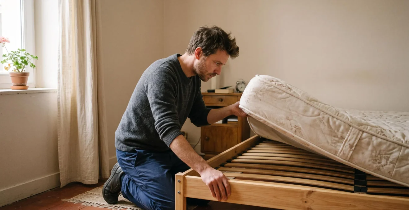 Un homme soulève le coin d'un matelas dans sa chambre pour inspecter le sommier à lattes en dessous.