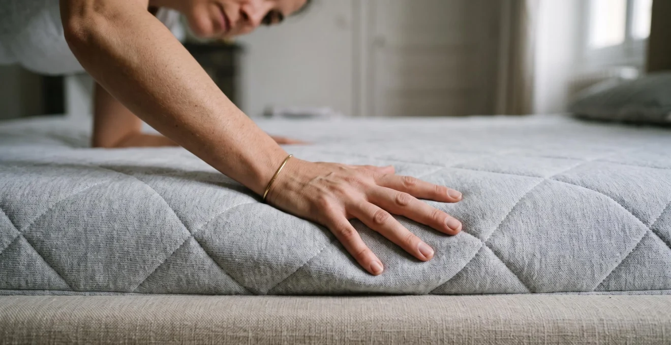 Une main posée à plat sur la surface d'un matelas gris pour sentir la compression du garnissage sous la pression.