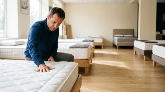 Un vendeur spécialisé en literie appuie sa main sur un matelas exposé dans un magasin pour montrer la fermeté de son accueil.